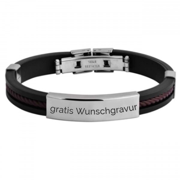 Kautschuk Edelstahl Armband schwarz-braun mit Wunschgravur MyOwnName